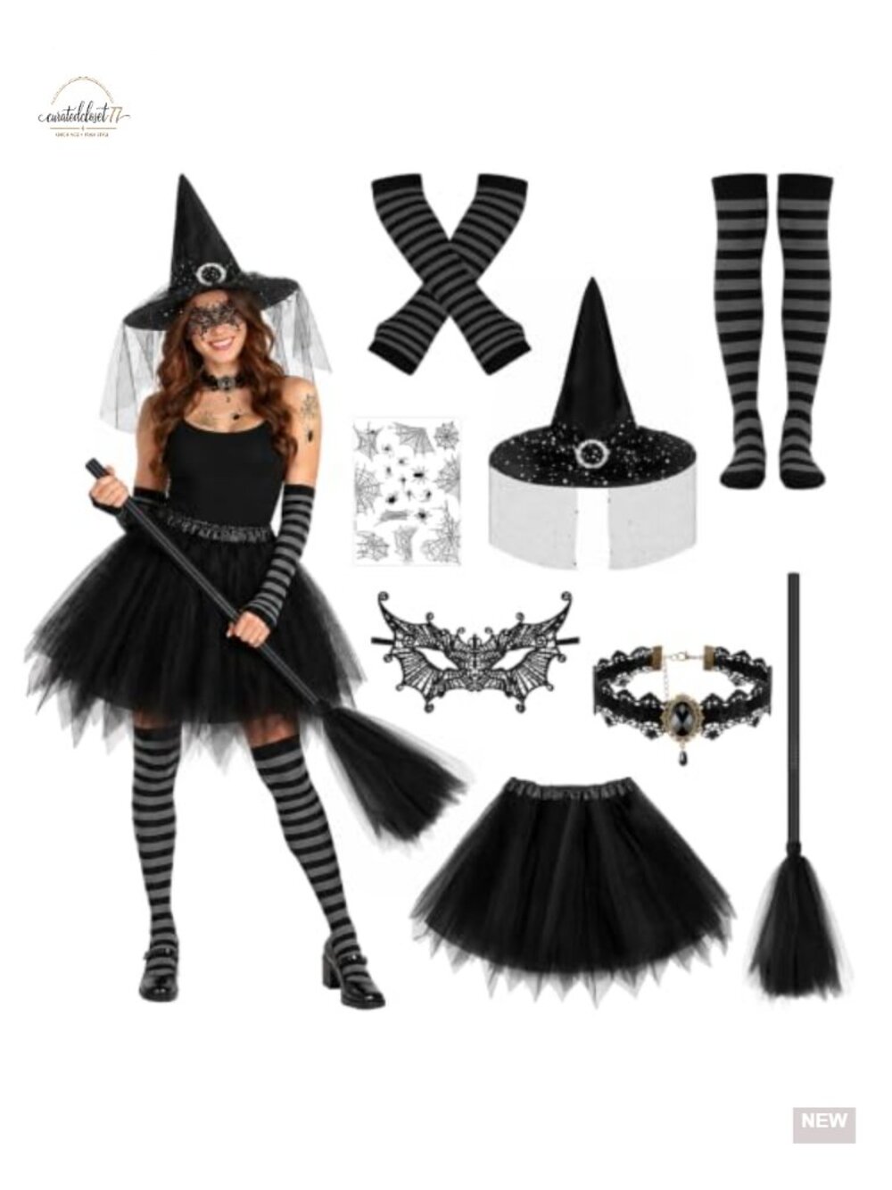 Yotako Womens 8-Piece Witch Costume Set Hat Tutu Broom Socks Halloween Cosplay